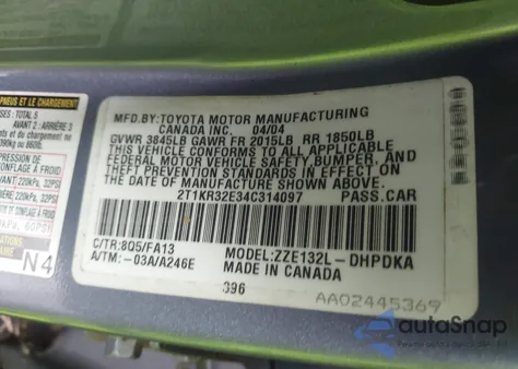 2004 Toyota Matrix Standard z USA, uszkodzony, nr VIN 2T1KR32E34C314097